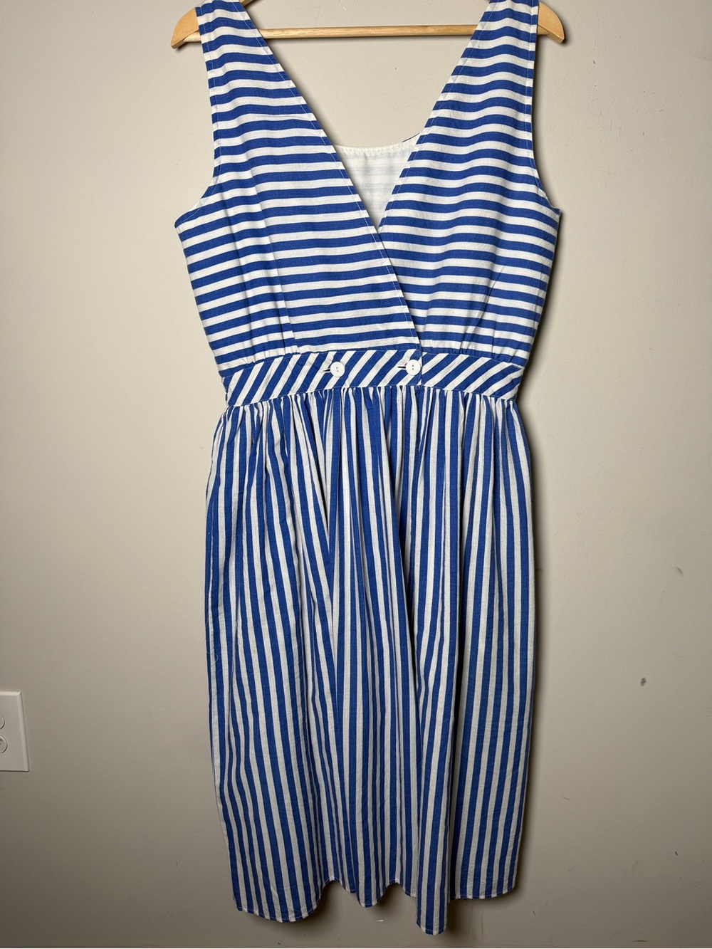 Vintage Alison J Nautical Stripe Cotton Blend Sundress Pockets Blue White Sz L